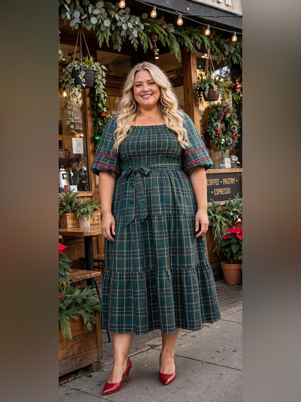 New 2X Plus Size Green Green Plaid Square Neck Maxi Dress